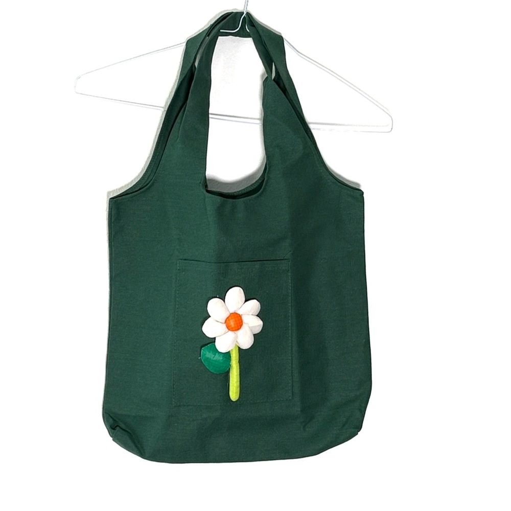 Green Tote Bag with Daisy Flower Aplique - No Brand